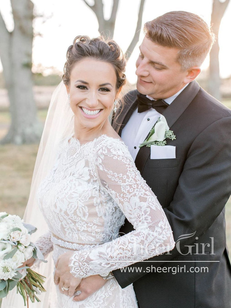 Long Sleeve Vintage Wedding Dresses Backless Rustic Lace Wedding Dresses AWD1137-SheerGirl
