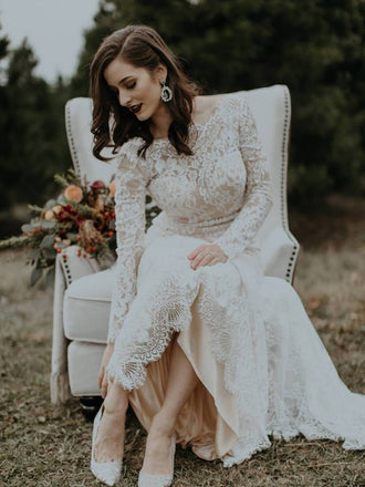 Deep V Neckline, Wedding Dress Illusion Lace Long Sleeves