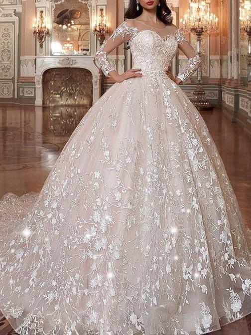 Long Sleeve Vintage Wedding Dresses Lace Applique Princess Wedding