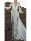 Long Sleeve Wedding Dresses Backless Chiffon Beach Wedding Drsses AWD1112-SheerGirl