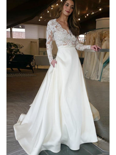 Long Sleeve Wedding Dresses See Through Lace Top Ivory Wedding Dresses AWD1140 Long Sleeve Wedding Dresses See Through Lace Top Ivory Wedding Dresses AWD1140