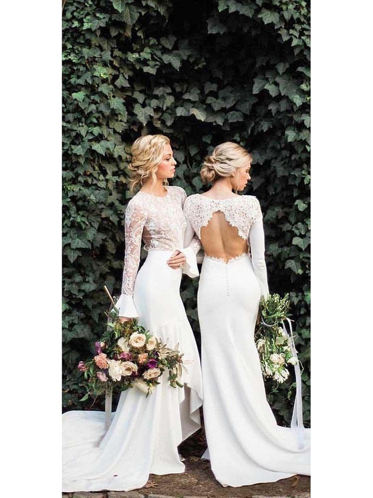 Long Sleeve White Mermaid Wedding Dresses Vintage Rustic Lace Wedding Dress AWD1152-SheerGirl