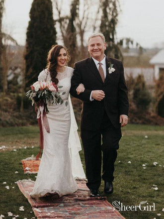 Long Sleeve Winter Lace Wedding Dresses Modest Mermaid Wedding Gowns AWD1360-SheerGirl