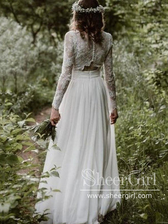 Long Sleeves Boho Wedding Dress Two Pieces Chiffon Wedding Dress AWD1882-SheerGirl