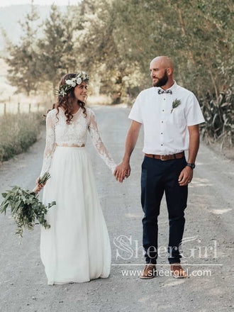 Long Sleeves Boho Wedding Dress Two Pieces Chiffon Wedding Dress AWD1882-SheerGirl