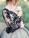 Long Sleeves Halloween Wedding Dresses Black Appliqued Bridal Dresses AWD1638-SheerGirl