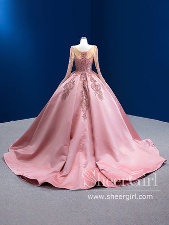 Long Sleeves Quinceanera Dress Pink Embroidery Ball Gown Prom Dresses ARD2850-SheerGirl