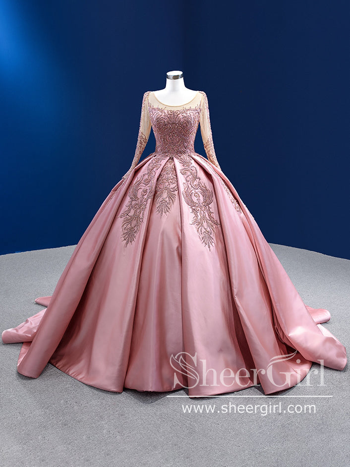 Long Sleeves Quinceanera Dress Pink Embroidery Ball Gown Prom Dresses ARD2850-SheerGirl