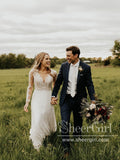 Long Sleeves Rustic Lace Weding Dresses Appliqued Ivory Beach Wedding Dress AWD1789-SheerGirl