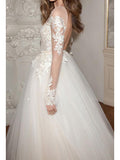 Long Sleeves See Through Lace Ball Gown Wedding Dresses Backless Bridal Dress AWD1150-SheerGirl
