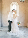 Long Sleeves See Through V Neck Diamond A Line Wedding Dress AWD1839-SheerGirl