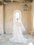 Long Sleeves See Through V Neck Diamond A Line Wedding Dress AWD1839-SheerGirl