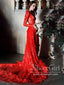 Dlouhé rukávy pouzdrové krajkové šaty na ples Červené svatební šaty s kaplovým vlakem ARD2661 