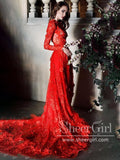 Long Sleeves Sheath Lace Prom Dress Red Wedding Dress with Chapel Train ARD2661-SheerGirl
