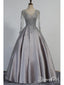 Long Sleeves Silver Grey Prom Dresses Beaded Lace Appiqued Evening Ball Gowns ARD1036