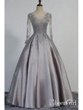 Long Sleeves Silver Grey Prom Dresses Beaded Lace Appiqued Evening Ball Gowns ARD1036-SheerGirl
