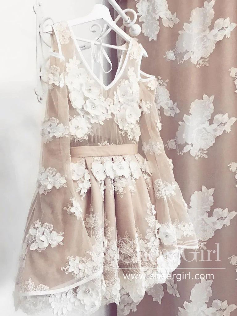 Long Sleeves V Neck Homecoming Dress 3D Flowers Fairy Short Prom Dress ARD2807-SheerGirl