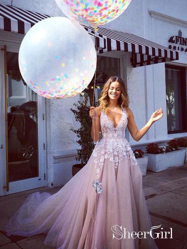 Long Tulle Appliqued V-Neck Prom Dresses Cheap Sleeveless Pink Quiceanera Ball Gowns ARD1008-SheerGirl