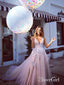 Long Tulle Appliqued V-Neck Prom Dresses Cheap Sleeveless Pink Quiceanera Ball Gowns ARD1008