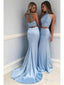Dlouhé dvoudílné nebesky modré plesové šaty Společenské šaty s korálkovým špagetovým popruhem APD3388