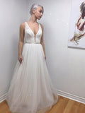 Long V-Neck Backless Ivory Simple Beach Wedding Dresses APD3319-SheerGirl