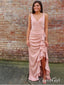 Vestidos formales largos con cuello en V, altos y bajos, vestido de fiesta con volantes y color rosa rubor APD3404 
