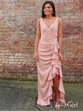 Long V-neck High Low Formal Dresses Blush Pink Ruffles Prom Dress APD3404-SheerGirl