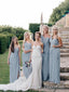 Vestidos de dama de honor largos, de un hombro, baratos, color azul polvoriento, con abertura, vestido de madre de novia PB10079 