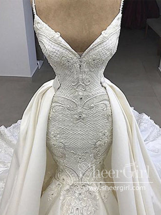 Luxurious Satin Embroideried Quinceanera Dress Beaded Ball Gown Wedding Dress with Detachable Train AWD1710-SheerGirl
