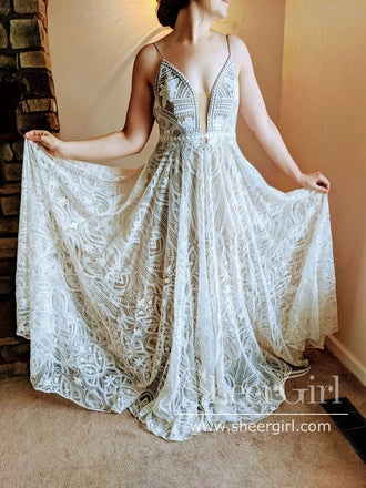 Luxury Strips Lace A-Line Wedding Dress Backless Bohemian Wedding Gown AWD1878-SheerGirl