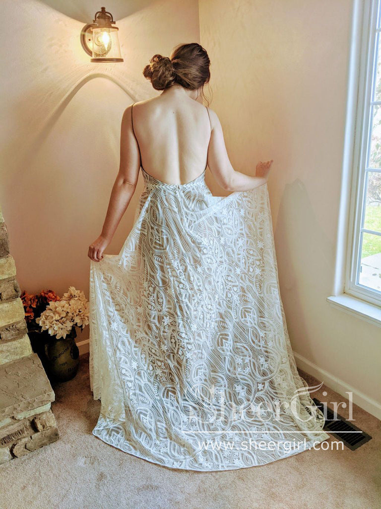 Luxury Strips Lace A-Line Wedding Dress Backless Bohemian Wedding Gown AWD1878-SheerGirl