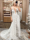 Luxury Strips Lace A-Line Wedding Dress Backless Bohemian Wedding Gown AWD1878-SheerGirl