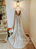 Luxury Strips Lace A-Line Wedding Dress Backless Bohemian Wedding Gown AWD1878-SheerGirl