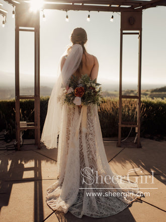 Luxury Strips Lace A-Line Wedding Dress Backless Bohemian Wedding Gown AWD1878-SheerGirl