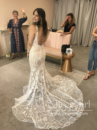 Luxury Strips Lace Mermaid Wedding Dress Backless Wedding Gown AWD1877-SheerGirl
