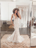 Luxury Strips Lace Mermaid Wedding Dress Backless Wedding Gown AWD1877-SheerGirl