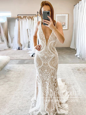 Luxury Strips Lace Mermaid Wedding Dress Backless Wedding Gown AWD1877-SheerGirl