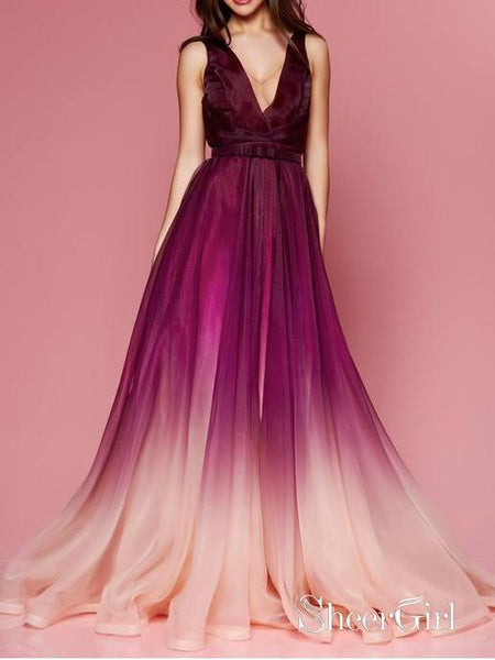 Maroon Ombre Prom Dresses V Neck Cheap Long Formal Dresses for Women – SheerGirl