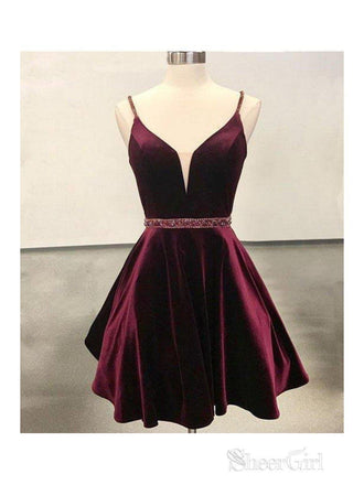 Maroon Velvet Homecoming Dresses Spaghetti Strap V Neck Short Prom Dresses ARD1344-SheerGirl