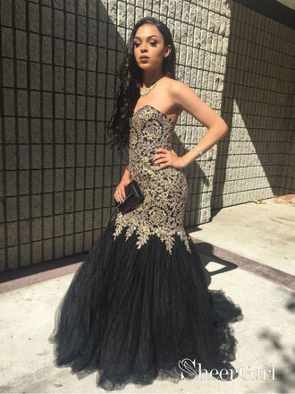 Mermaid Black Prom Dresses 20's Vintage Gold Lace Sexy Formal Dresses APD3441-SheerGirl