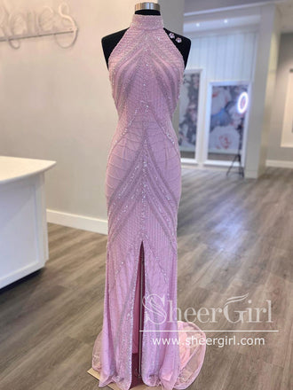 Mermaid Halter Neck Evening Dress with Slit Sexy Shiny Rhinestone Long Prom Dresses ARD2722-SheerGirl
