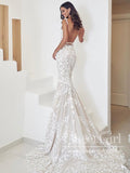 Mermaid Vintage Beaded Lace Bridal Gown with Deep V Neck Court Train Wedding Dress AWD1802-SheerGirl
