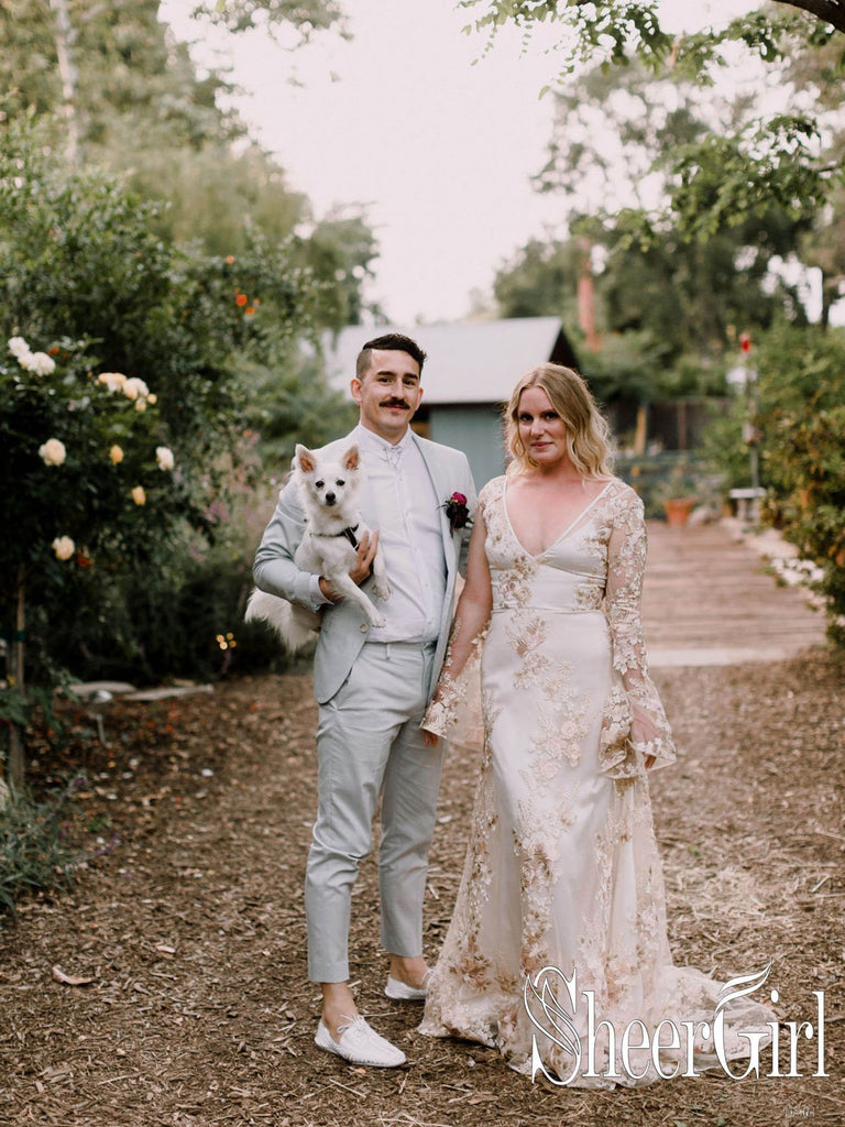 Mermaid Wedding Dress with Chapel Train long Sleeves Colorful Embroidery AWD1631-SheerGirl