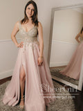 Metalic Embroidery Bodice Deep V Neckline Beaded High Slit Long Prom Dress ARD2612-SheerGirl