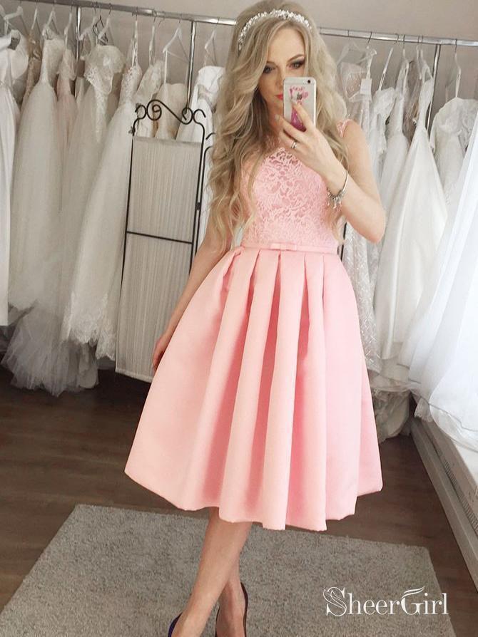 Mid Length Pink Lace Homecoming Dresses Modest Wedding Guest Dress ARD1594-SheerGirl