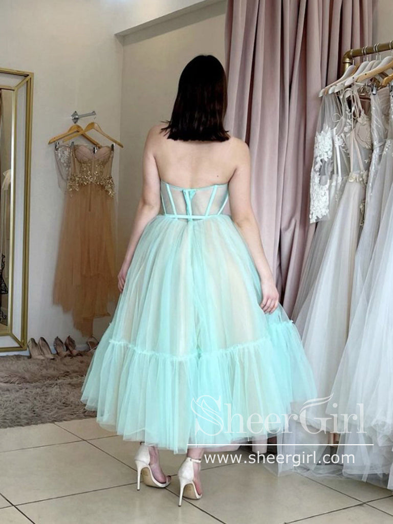 Mint Green Tulle Dress with Corset Bodice Tea Length Prom Dress