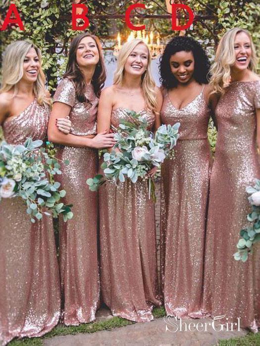 Mismatched Rose Gold Sequin Long Wedding Bridesmaid Dresses APD2806-SheerGirl