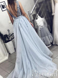 Mist Blue Deep Illusion Neck Appliqued Bridal Dresses Backless Sweep Train Wedding Dresses ARD2480-SheerGirl