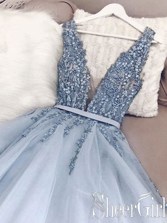 Mist Blue Deep Illusion Neck Appliqued Bridal Dresses Backless Sweep Train Wedding Dresses ARD2480-SheerGirl