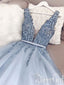 Vestidos de novia con apliques y cuello de ilusión profunda azul niebla vestidos de novia con cola de barrido sin espalda ARD2480 